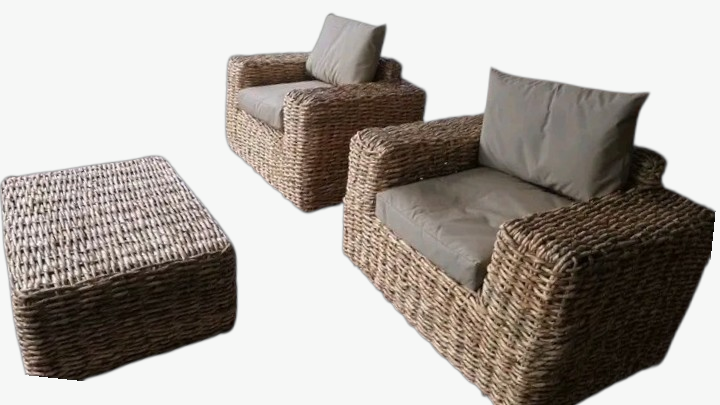Wicker patio lounge suite with sofa and armchairs